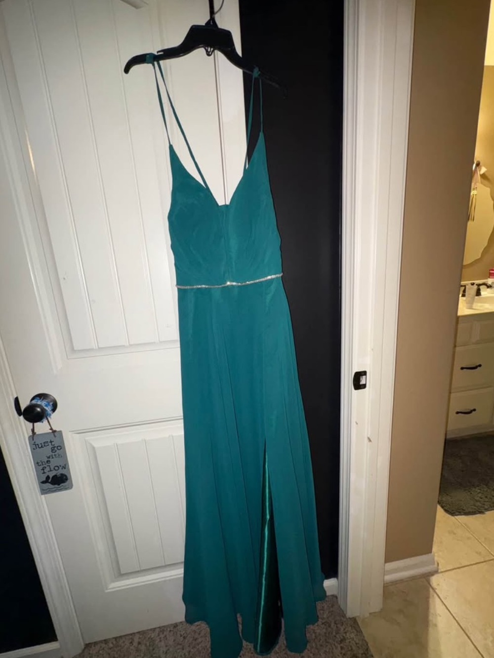 Emerald Green Spaghetti-Strap Evening Gown with Beaded Waist